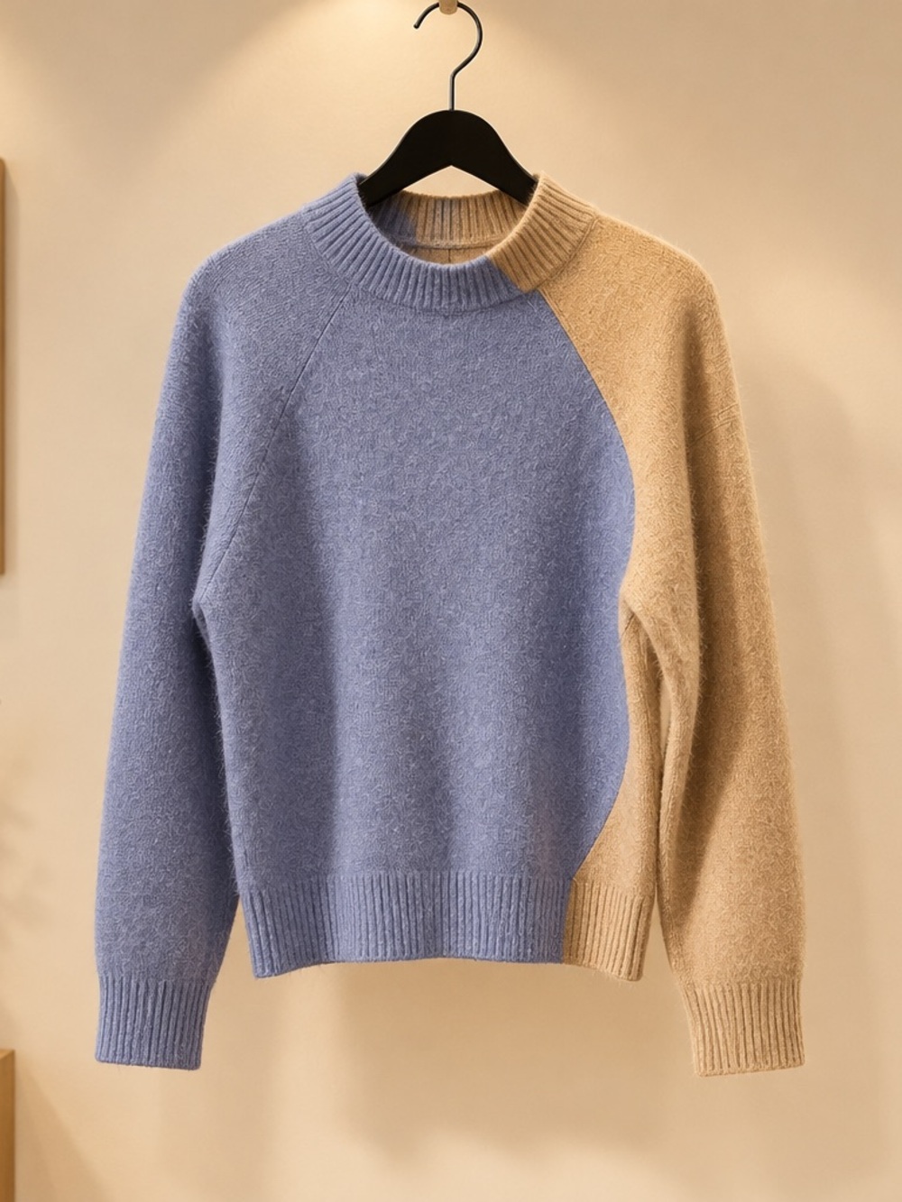 Central Park West Two-Tone Crewneck Sweater in Blue and Tan